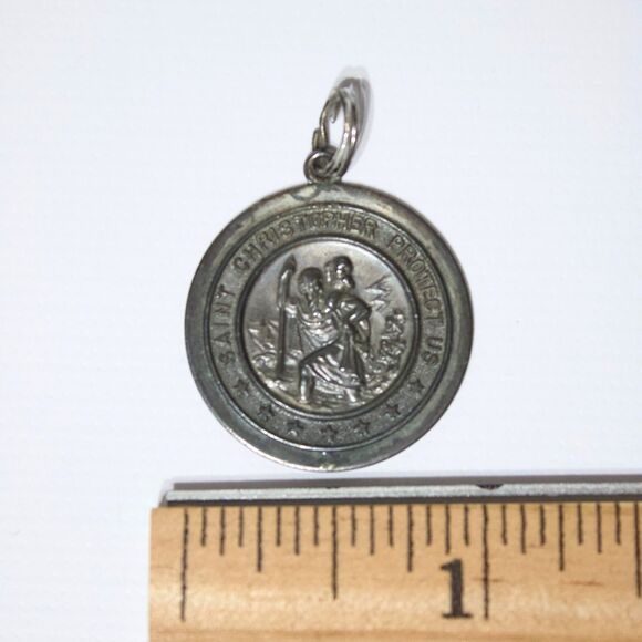 Vintage Mid Century 1" Sterling Silver Saint Christopher Pendant (A7) - Picture 2 of 5